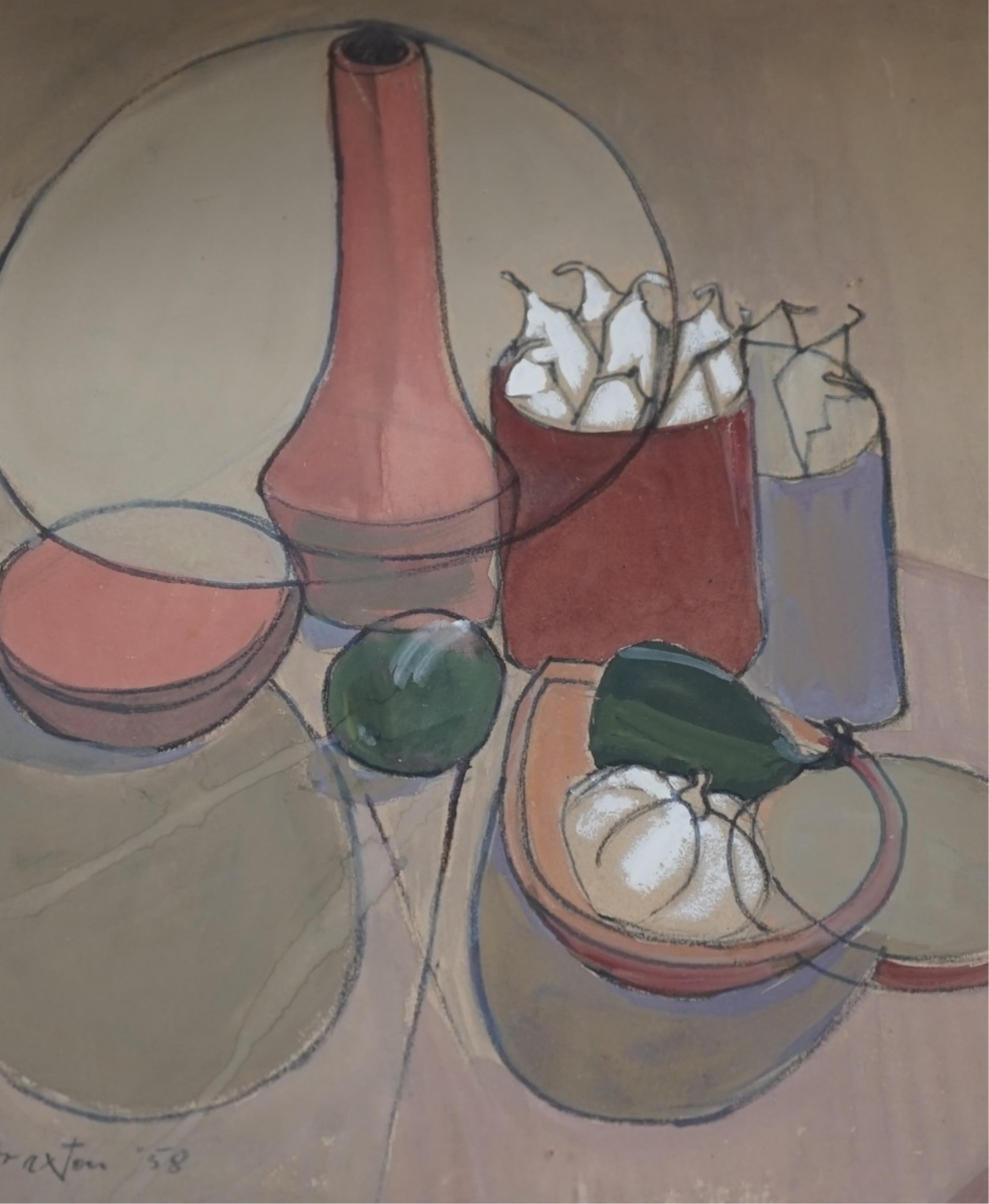 After John Craxton (1922-2009), charcoal and gouache on paper, Still life of jars and vegetables, 33 x 26cm. Condition - good